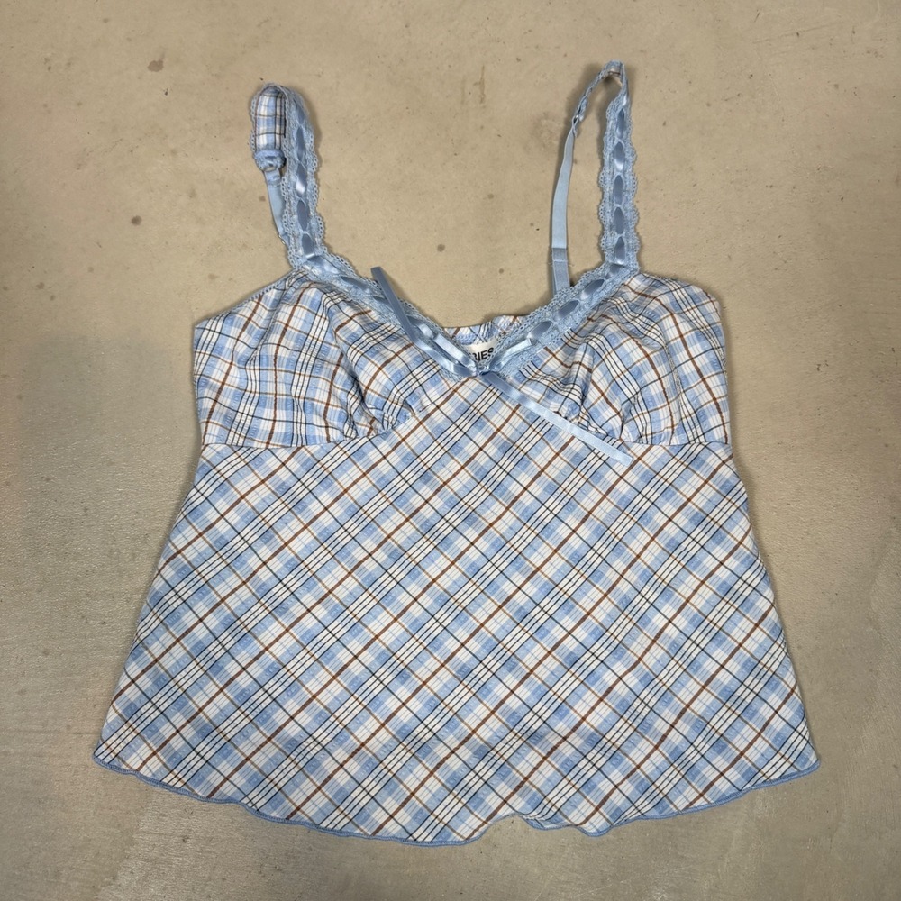 No Boundaries Blue Plaid Babydoll Camisole Lace Trim XS 0-2 Y2K Cami Top